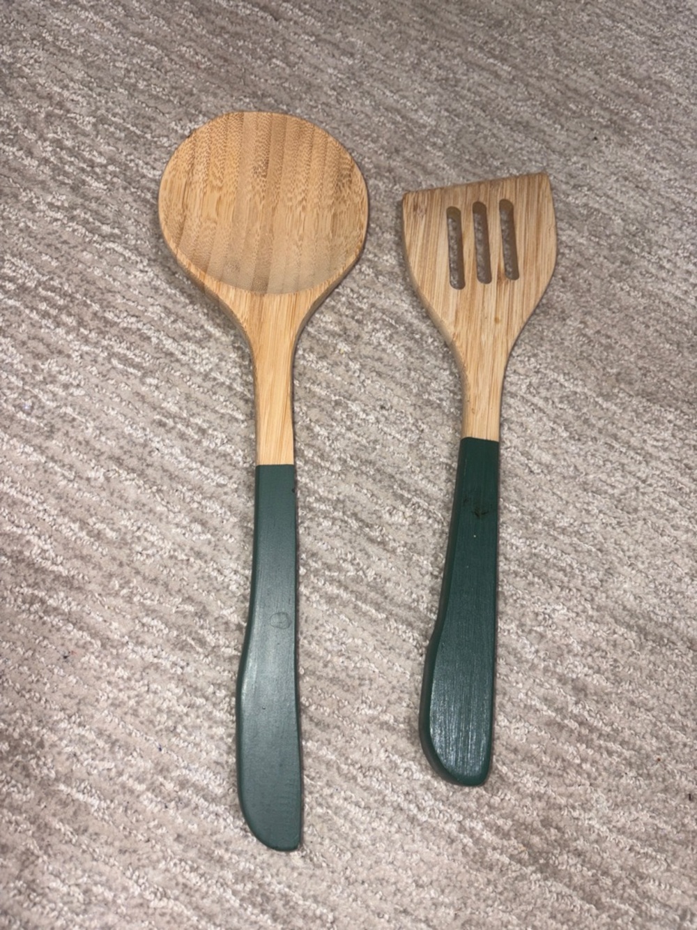 crofton Bamboo Kitchen Spoon and Slotted Spatula Set - Dark Green Handles